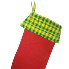 Load image into Gallery viewer, Red fabric Christmas stocking with yellow & green checked cuff