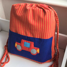 Load image into Gallery viewer, Red & yellow striped fabric gym bag with car on pocket