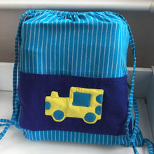 Load image into Gallery viewer, Turquoise fabric gym bag with train on pocket