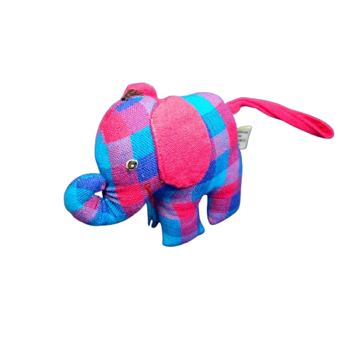Blue & pick checked fabric small elephant