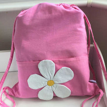Load image into Gallery viewer, Pink fabric gym bag with white daisy on pocket
