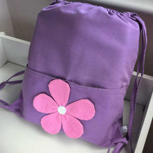 Load image into Gallery viewer, Purple fabric gym bag with pink daisy on pocket
