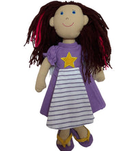 Load image into Gallery viewer, Fairy princess fabric doll with dark hair and purple dress
