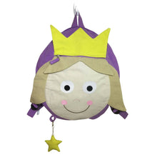 Load image into Gallery viewer, Child&#39;s purple fabric rucksack with princess face pattern
