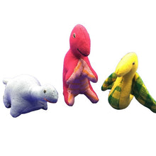 Load image into Gallery viewer, Blue, pink, yellow and green mini fabric dinosaurs
