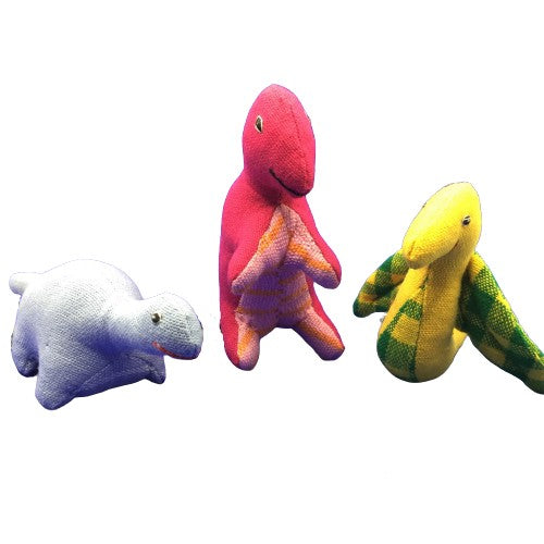 Blue, pink, yellow and green mini fabric dinosaurs